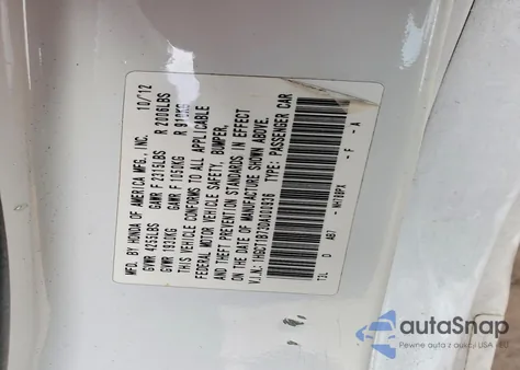 2013 Honda Accord Ex z USA, uszkodzony, nr VIN 1HGCT1B73DA000936